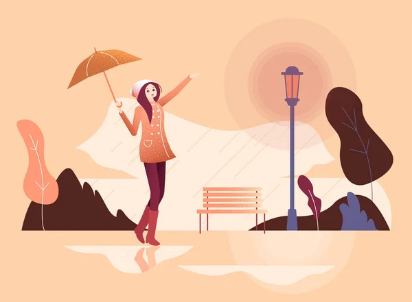 Girl with umbrella walks in the rain in park. — Stock Vector