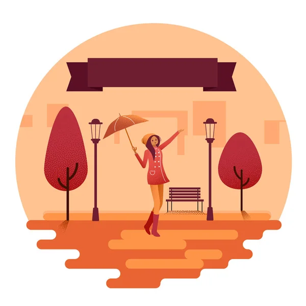 Girl with umbrella walk in park. Autumn mood poster. — Stock Vector