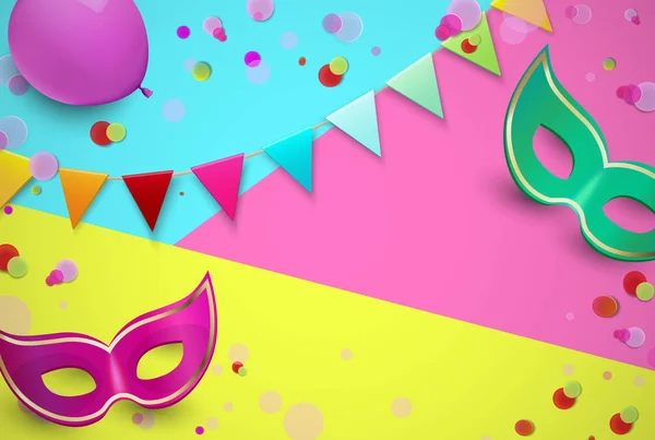 Fondo de carnaval brillante con máscaras de colores y confeti . — Vector de stock