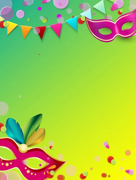 Groene carnaval achtergrond met kleur maskers en confetti. — Stockvector