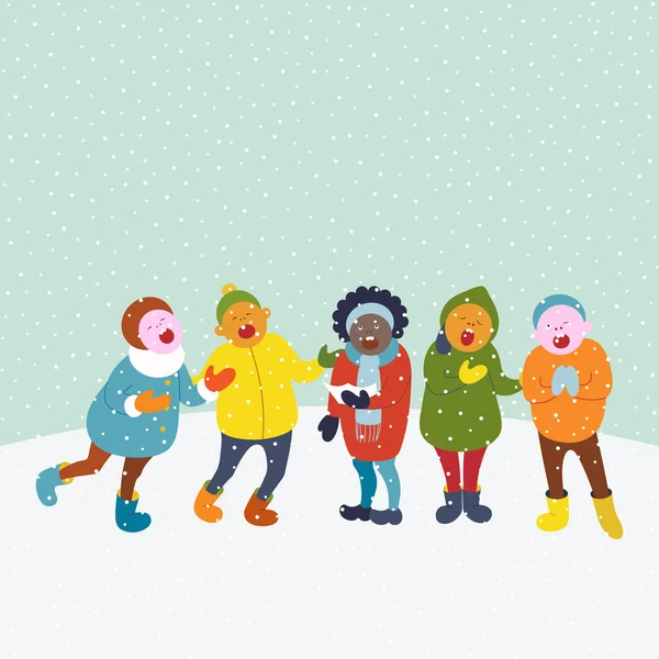 Bambini carini camminare fuori e cantare canzoni di Natale . — Vettoriale Stock