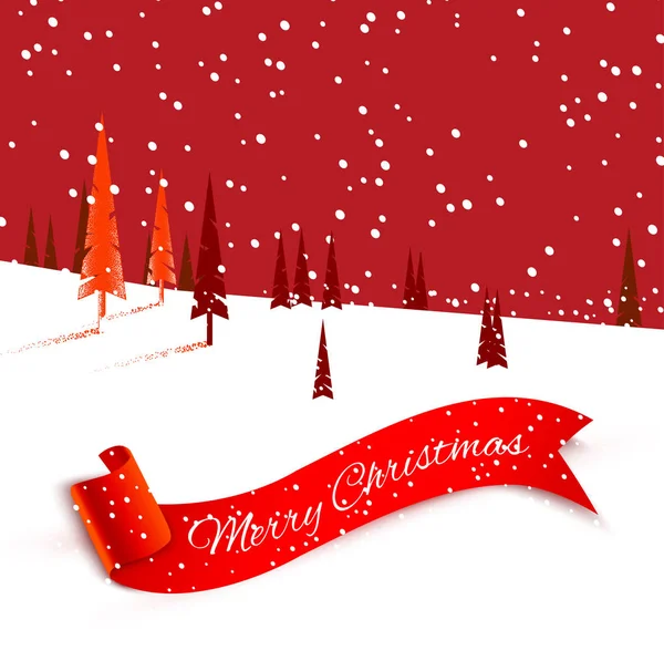 Rote Weihnachtskarte mit Schleife, Winterlandschaft und Schnee. — Stockvektor