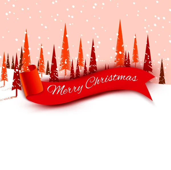 Tarjeta de felicitación de Feliz Navidad con cinta roja, paisaje de invierno — Vector de stock