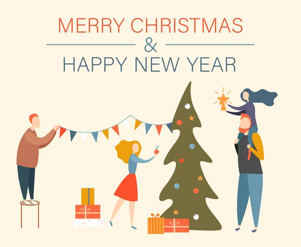 God jul och gott nytt år kort med familj dekorera Chr — Stock vektor