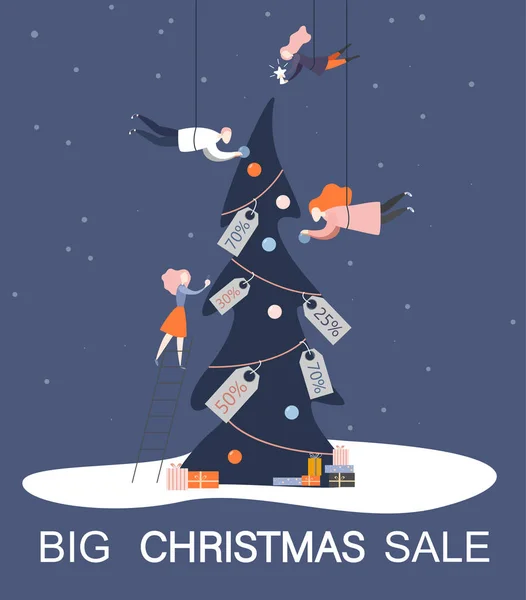 Cartel grande de la venta de Navidad con árbol de Navidad decorado con dis — Vector de stock