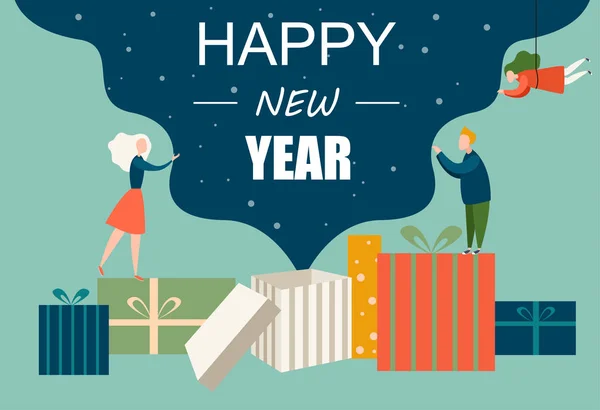 Szczęśliwego nowego roku kartkę z życzeniami z ludźmi i prezenty. — Wektor stockowy