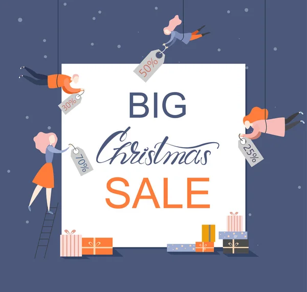 Stora jul försäljning affisch med människor med rabatt Taggar och gif — Stock vektor