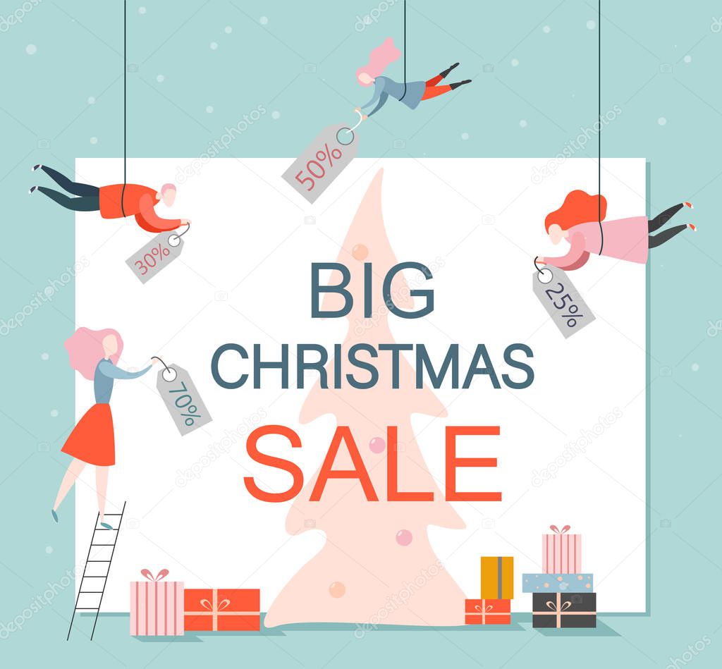 Big Christmas sale poster with people with discount tags and gif