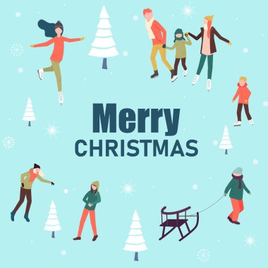 Neşeli Noel poster mutlu insanlar ve kış aktiviteleri ile. 