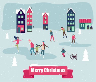 Neşeli Noel tebrik kartı üzerinde buz rin pateni insanlarla