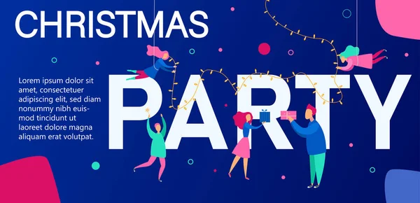 Christmas party banner or landing page template with people. — Stock Vector