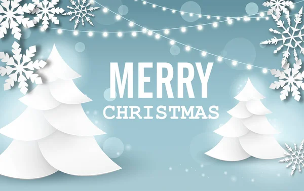 Merry Christmas card med granar, dekorativa lyktor och sno — Stock vektor