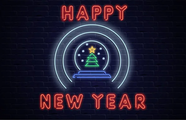Bonne année néon affiche lumineuse avec boule de neige avec Noël — Image vectorielle
