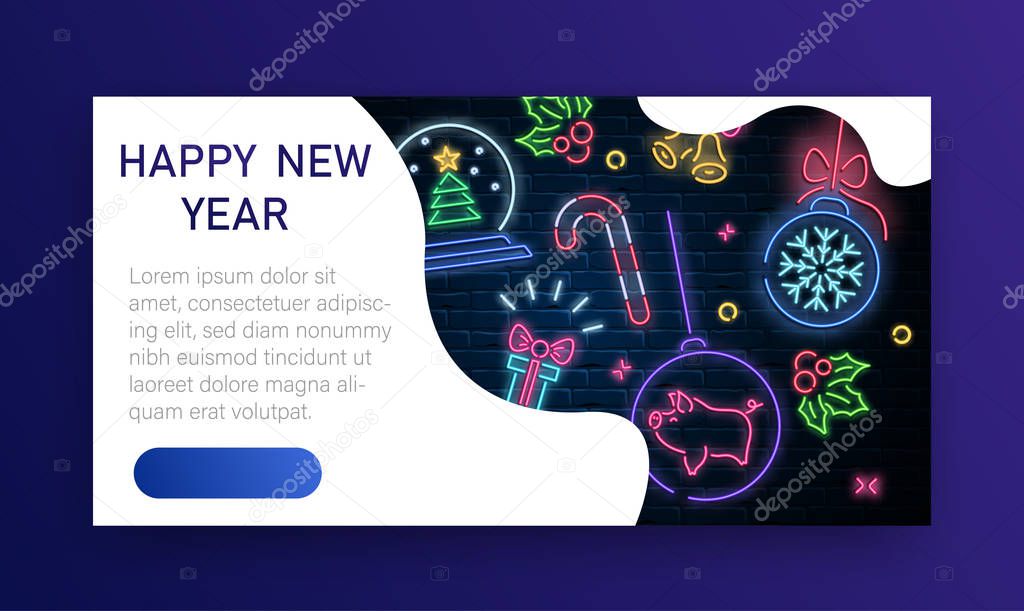 Happy New Year card with neon luminous Christmas decorations on 