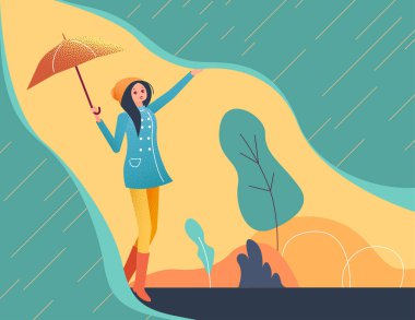 Şemsiye ile kız açık havada yağmur altında yürüyor. 