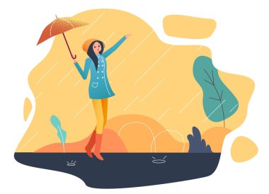 Poster ile kız şemsiye ile yağmurda yürür. 