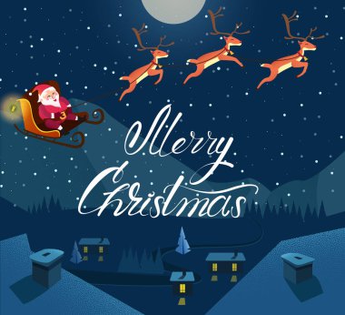 Noel Baba ve kış manzara mutlu Noel kartı.