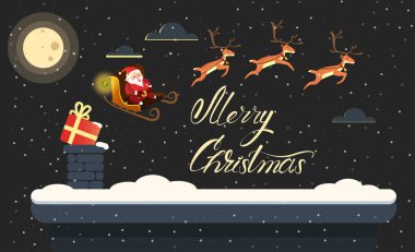 Night Merry Christmas card with Santa Claus and gifts. clipart