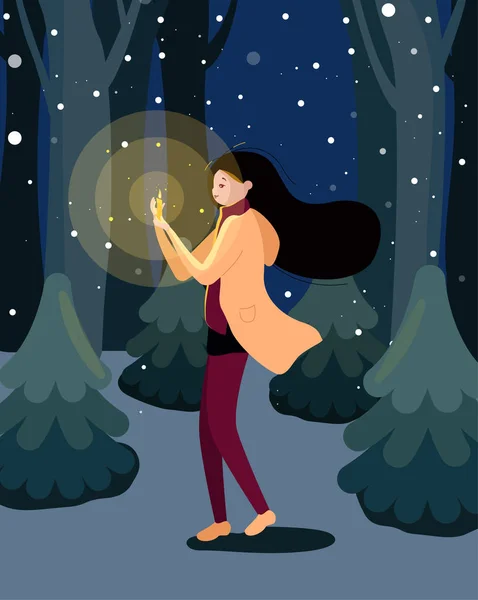 Menina com vela andar sozinho ao ar livre no parque de inverno ou floresta . — Vetor de Stock