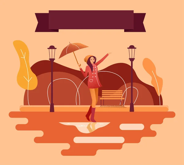 Girl with umbrella walk in park. Autumn mood poster. — Stock Vector