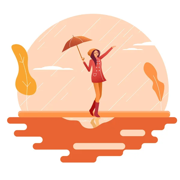 Girl with umbrella walks in the rain. — Stock Vector