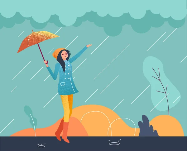 Green poster with girl with umbrella walks in the rain. — Stock Vector