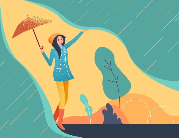 Girl with umbrella walks outdoors in the rain. — Stock Vector