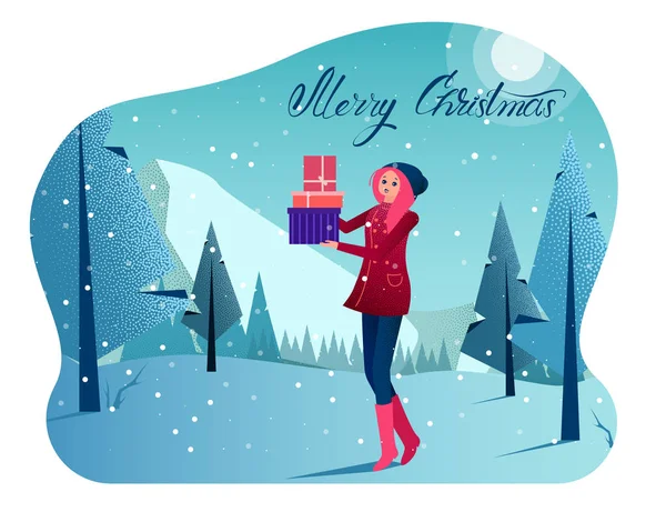 Дівчина з подарунками виходить на вулицю в зимовому лісі. Різдвяна листівка . — стоковий вектор