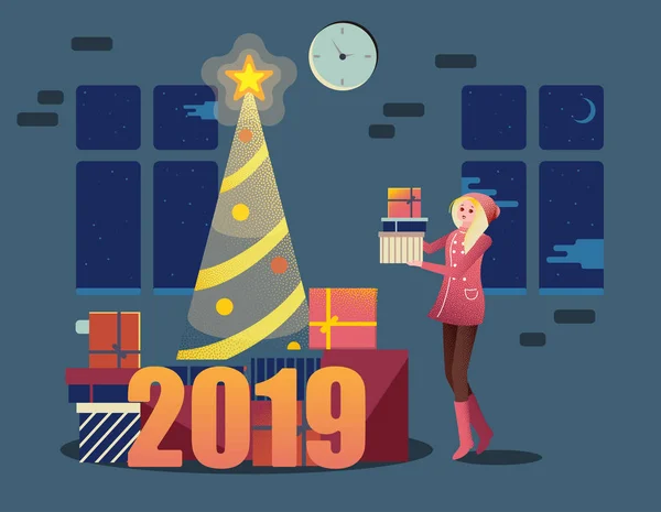 Щасливий 2019 Новорічний плакат з ялинкою та дівчиною з гіпсом — стоковий вектор