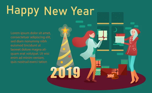 Happy 2019 nový rok plakát s vánoční stromek a dívky se zeměpisným označením — Stockový vektor