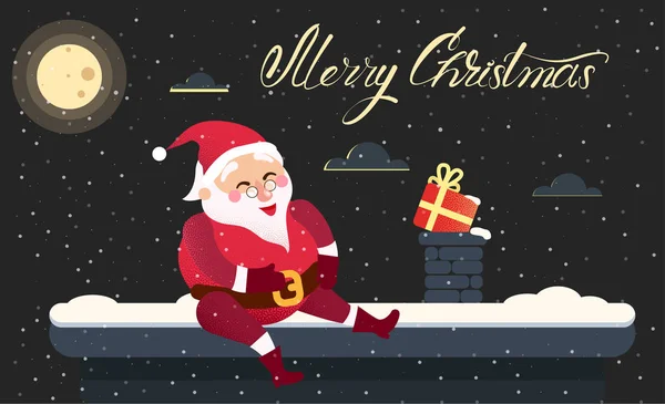 Merry julkort med jultomten på taket och gåvor. — Stock vektor