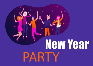 Yeni yıl partisi poster mutlu dans eden insanlarla. 