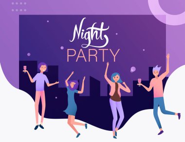 Gece parti poster mutlu dans eden insanlarla. 