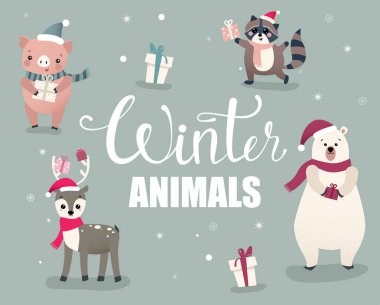 Noel veya kış poster ile sevimli çizgi hayvan ve domuz. 