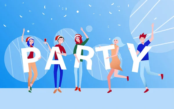 Blue party poster with happy dancing people. — Stock Vector