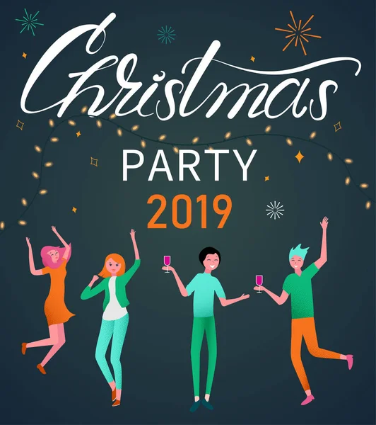 Cartel de fiesta de Navidad 2019 con gente feliz bailando . — Archivo Imágenes Vectoriales