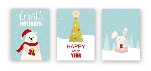 Christmas, New Year and winter holidays cards with cute cartoon — Stock Vector