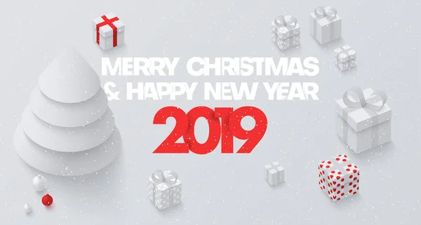 Navidad y Feliz Año Nuevo 2019 tarjeta con 3d árbol de Navidad un — Vector de stock