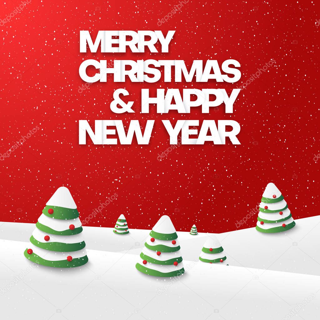 Red Merry Christmas and Happy New Year card with Christmas trees