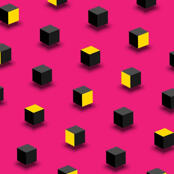 Fundo rosa com preto e amarelo cubos 3d padrão . —  Vetores de Stock