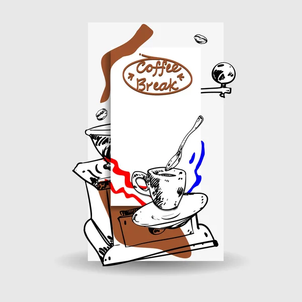 Carta pausa caffè con tazza e macinacaffè . — Vettoriale Stock