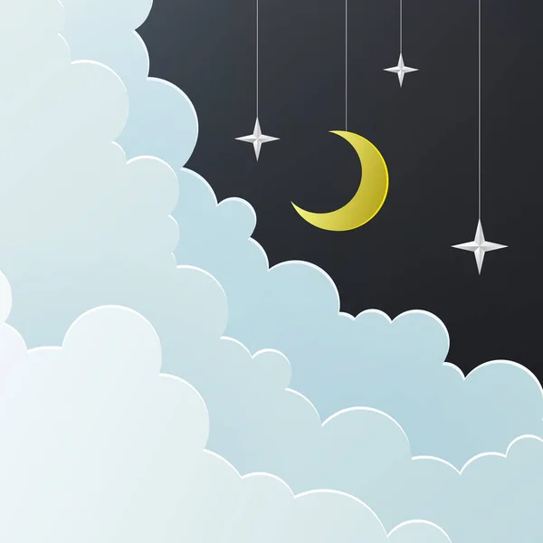 Night paper cut poster with stars, clouds and crescent. — Stock Vector