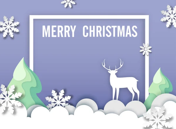 Lila Boldog Karácsonyt Üdvözlőlap Fehér Keret Papír Fenyők Szarvas Hópelyhek — Stock Vector