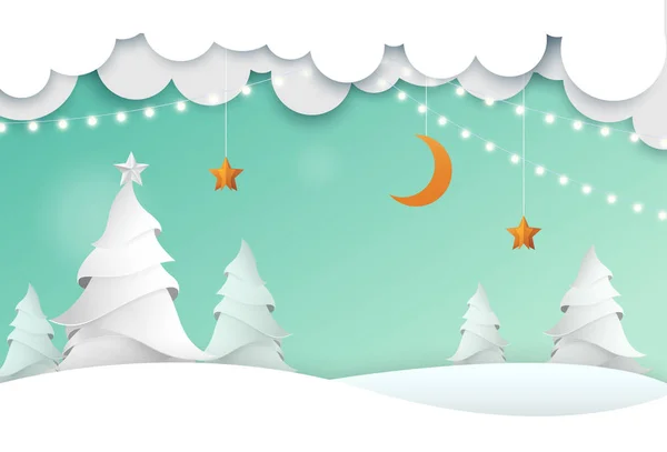 Jul och nyår kort med papper julgranar, crescent — Stock vektor