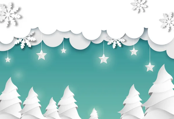 Weihnachts- und Neujahrskarte mit Tannenbäumen aus Papier, Sternen und — Stockvektor
