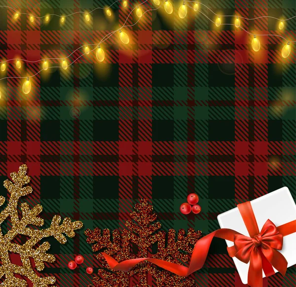 Fondo de Navidad y Año Nuevo con patrón a cuadros, un regalo — Vector de stock