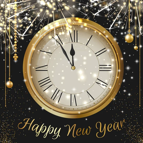 Felice anno nuovo biglietto di auguri con orologio d'oro e fuochi d'artificio . — Vettoriale Stock