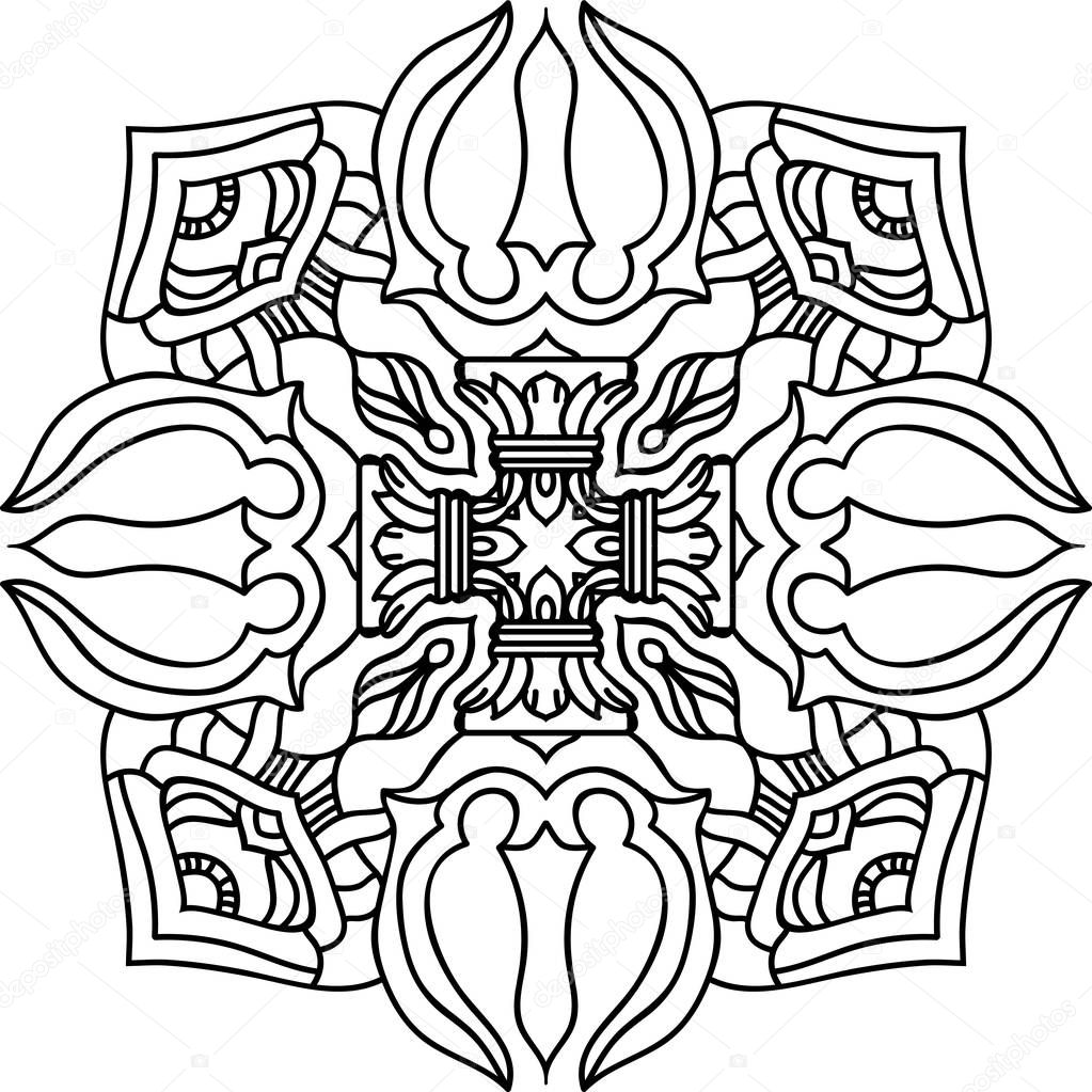 Round mandala with oriental ornament for coloring book on white. Vector paper illustration.