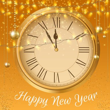 Altın saat ve dekoratif la mutlu yeni yıl tebrik kartı