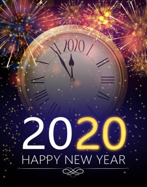 Saat ve havai fişek ile mutlu yeni yıl 2020 tebrik kartı.